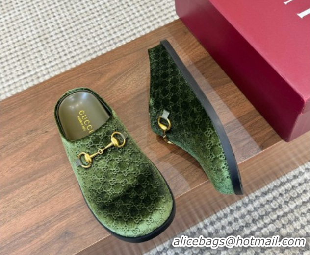 Classic Hot Gucci GG Velvet Flat Mules with Horsebit Green 1020023