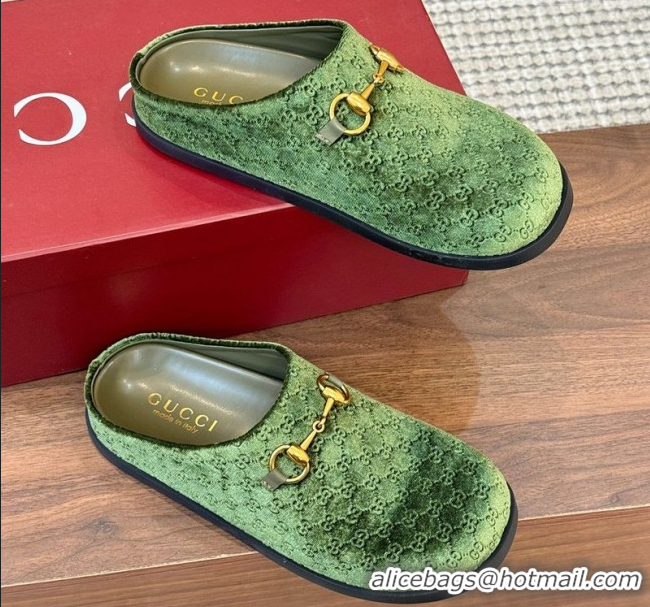 Classic Hot Gucci GG Velvet Flat Mules with Horsebit Green 1020023