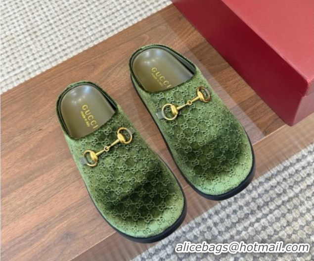 Classic Hot Gucci GG Velvet Flat Mules with Horsebit Green 1020023
