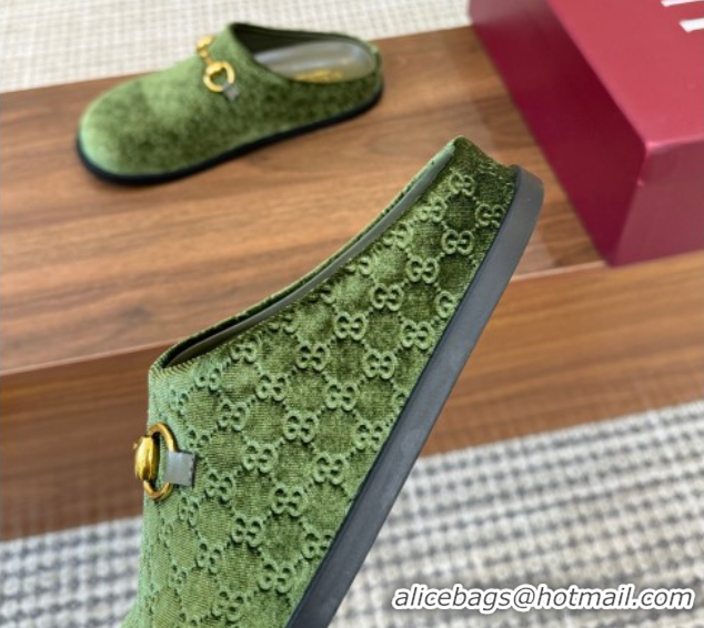 Classic Hot Gucci GG Velvet Flat Mules with Horsebit Green 1020023