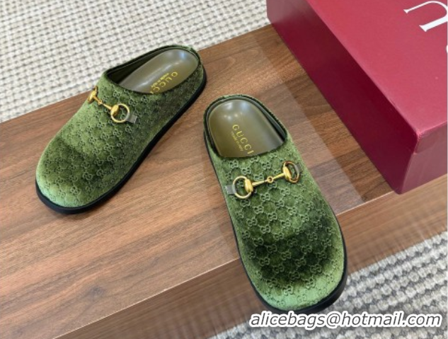 Classic Hot Gucci GG Velvet Flat Mules with Horsebit Green 1020023