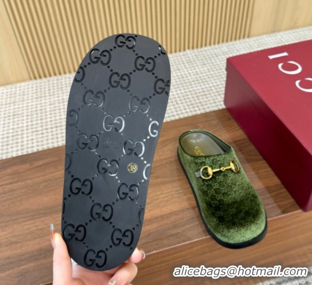 Classic Hot Gucci GG Velvet Flat Mules with Horsebit Green 1020023