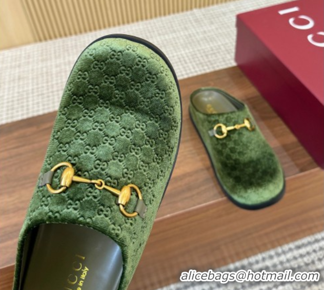 Classic Hot Gucci GG Velvet Flat Mules with Horsebit Green 1020023