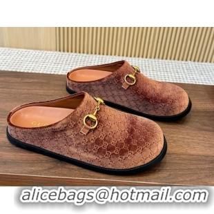 Best Grade Gucci GG Velvet Flat Mules with Horsebit Golden Brown 1020024