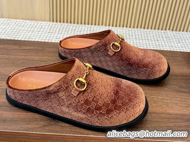Best Grade Gucci GG Velvet Flat Mules with Horsebit Golden Brown 1020024