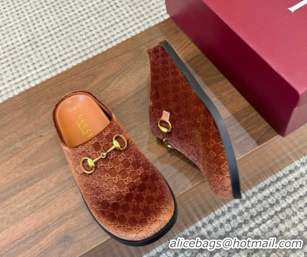 Best Grade Gucci GG Velvet Flat Mules with Horsebit Golden Brown 1020024