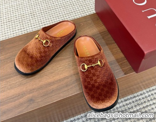 Best Grade Gucci GG Velvet Flat Mules with Horsebit Golden Brown 1020024