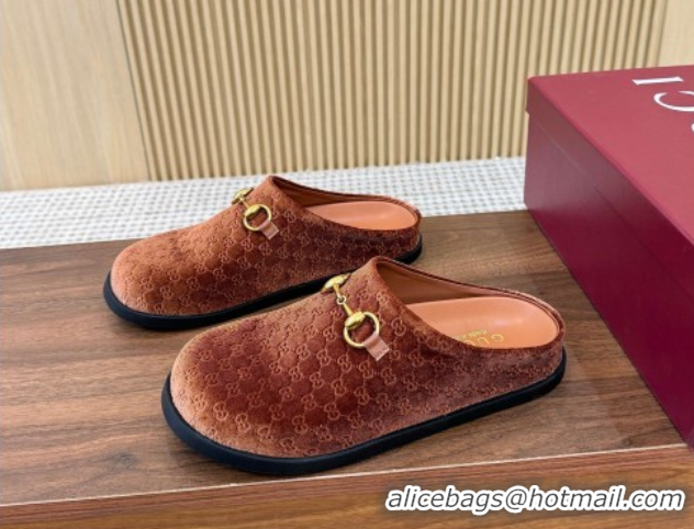 Best Grade Gucci GG Velvet Flat Mules with Horsebit Golden Brown 1020024
