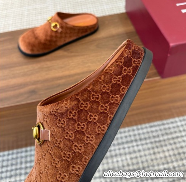 Best Grade Gucci GG Velvet Flat Mules with Horsebit Golden Brown 1020024