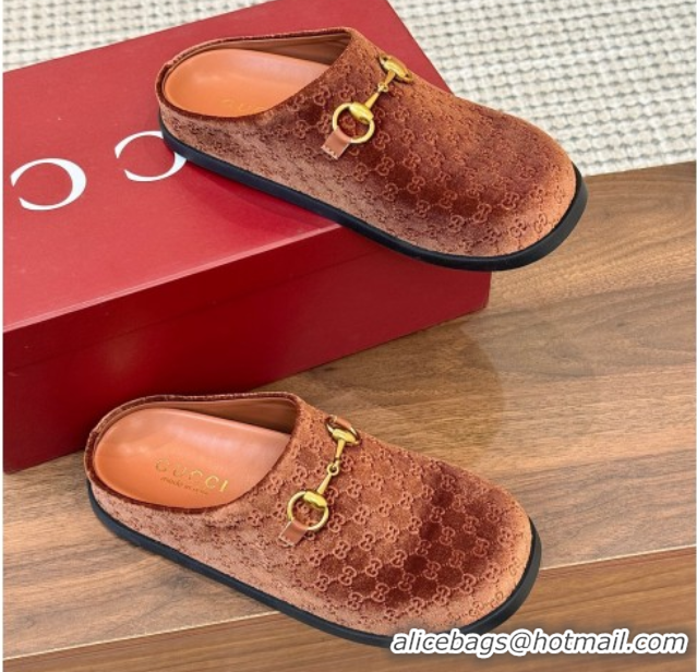 Best Grade Gucci GG Velvet Flat Mules with Horsebit Golden Brown 1020024