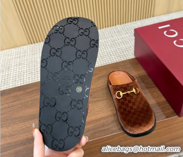 Best Grade Gucci GG Velvet Flat Mules with Horsebit Golden Brown 1020024