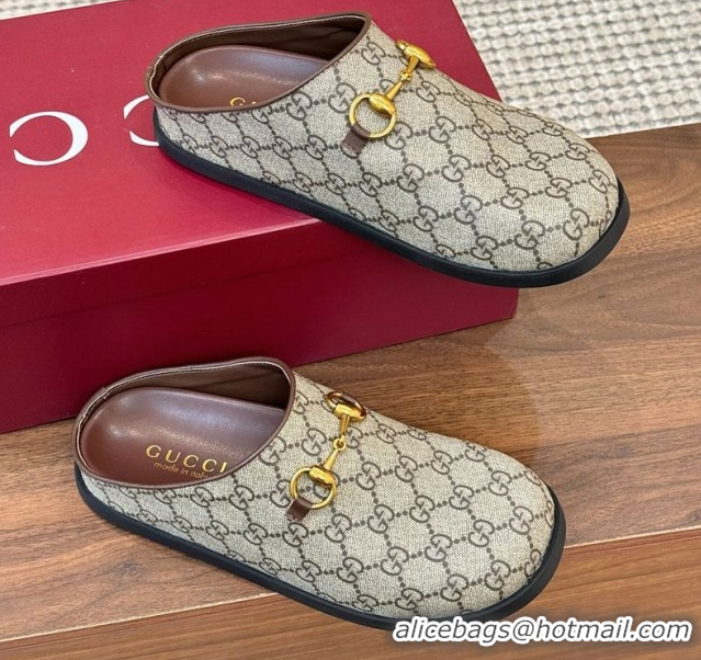 Good Quality Gucci GG Canvas Flat Mules with Horsebit Beige 1020022