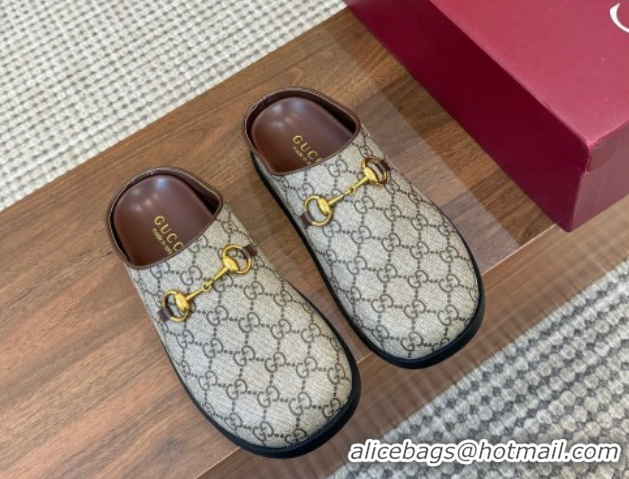 Good Quality Gucci GG Canvas Flat Mules with Horsebit Beige 1020022