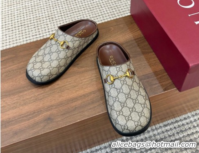 Good Quality Gucci GG Canvas Flat Mules with Horsebit Beige 1020022