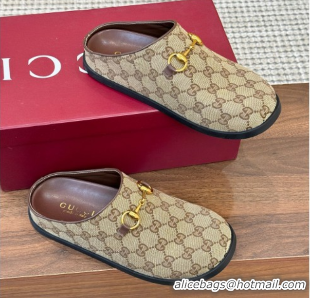 Durable Gucci GG Canvas Flat Mules with Horsebit Camel 1020025