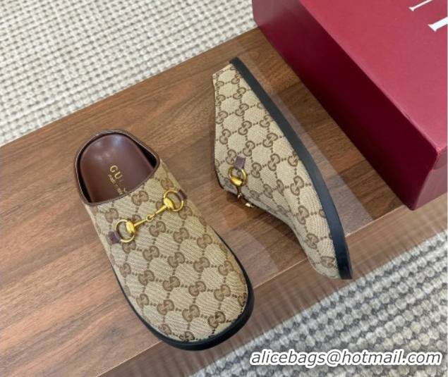 Durable Gucci GG Canvas Flat Mules with Horsebit Camel 1020025