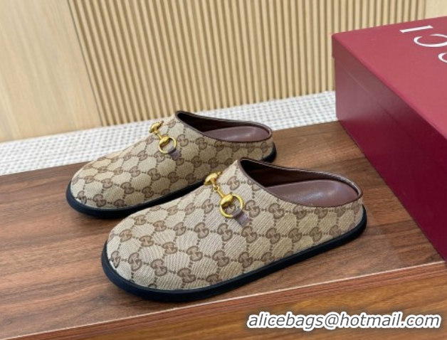 Durable Gucci GG Canvas Flat Mules with Horsebit Camel 1020025