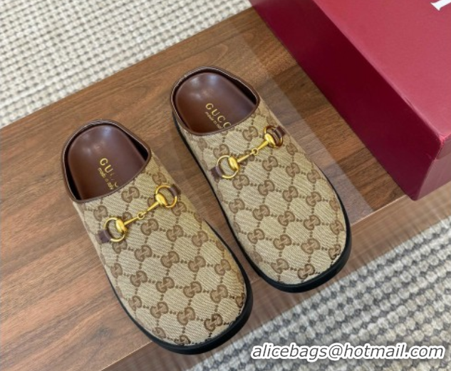 Durable Gucci GG Canvas Flat Mules with Horsebit Camel 1020025