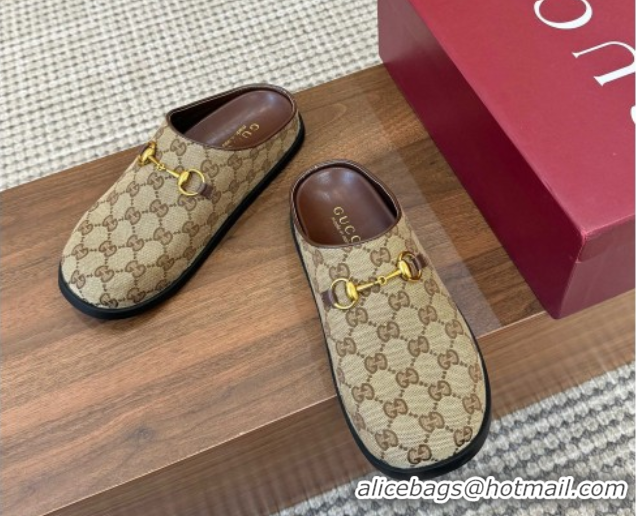 Durable Gucci GG Canvas Flat Mules with Horsebit Camel 1020025