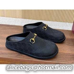 Shop Duplicate Gucci GG Canvas Flat Mules with Horsebit Black 1020026