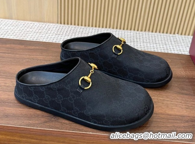 Shop Duplicate Gucci GG Canvas Flat Mules with Horsebit Black 1020026