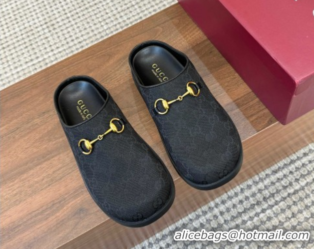 Shop Duplicate Gucci GG Canvas Flat Mules with Horsebit Black 1020026