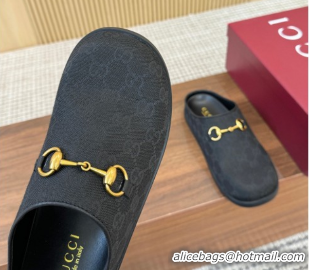Shop Duplicate Gucci GG Canvas Flat Mules with Horsebit Black 1020026