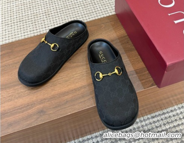 Shop Duplicate Gucci GG Canvas Flat Mules with Horsebit Black 1020026