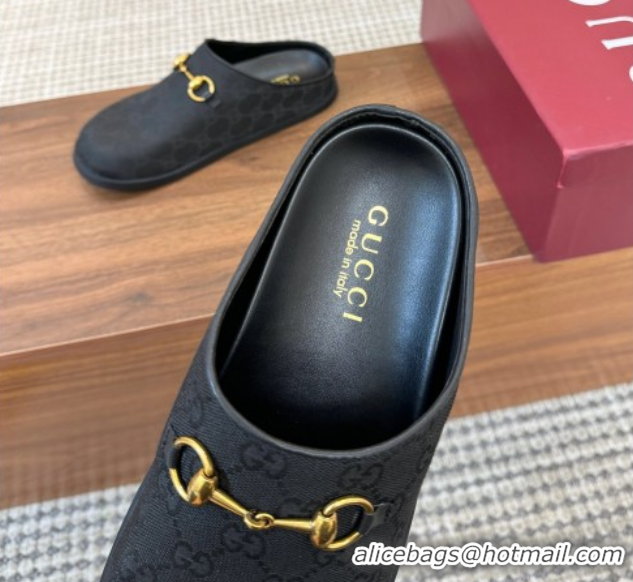 Shop Duplicate Gucci GG Canvas Flat Mules with Horsebit Black 1020026