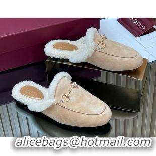 Low Price Gucci Princetown Suede and Wool Flat Slipper with Horsebit Nude 1020028