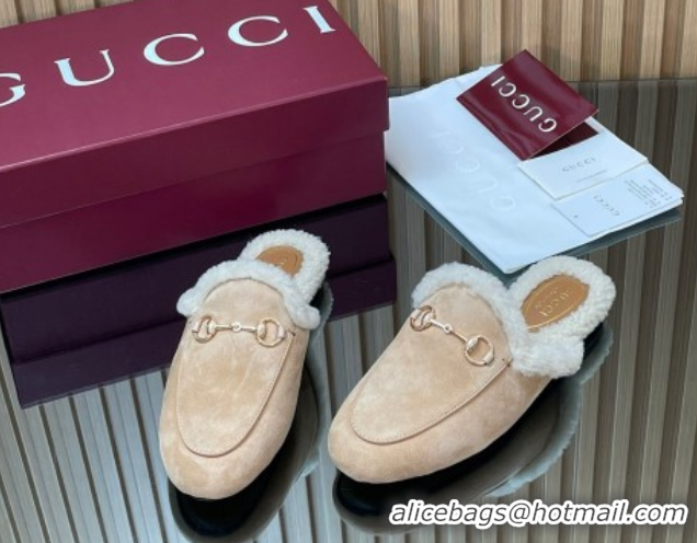 Low Price Gucci Princetown Suede and Wool Flat Slipper with Horsebit Nude 1020028