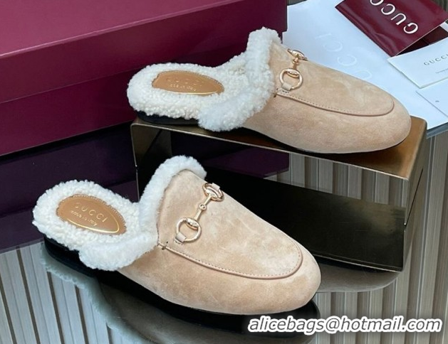 Low Price Gucci Princetown Suede and Wool Flat Slipper with Horsebit Nude 1020028