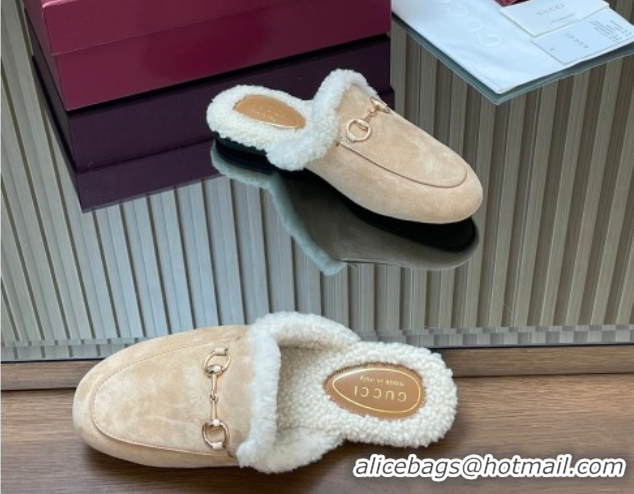 Low Price Gucci Princetown Suede and Wool Flat Slipper with Horsebit Nude 1020028