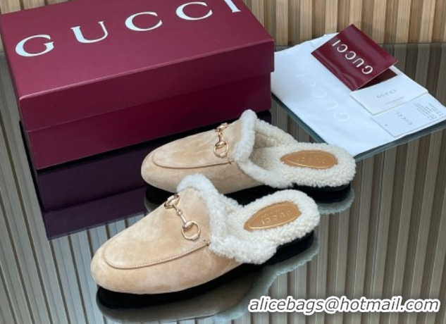 Low Price Gucci Princetown Suede and Wool Flat Slipper with Horsebit Nude 1020028