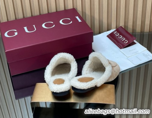 Low Price Gucci Princetown Suede and Wool Flat Slipper with Horsebit Nude 1020028