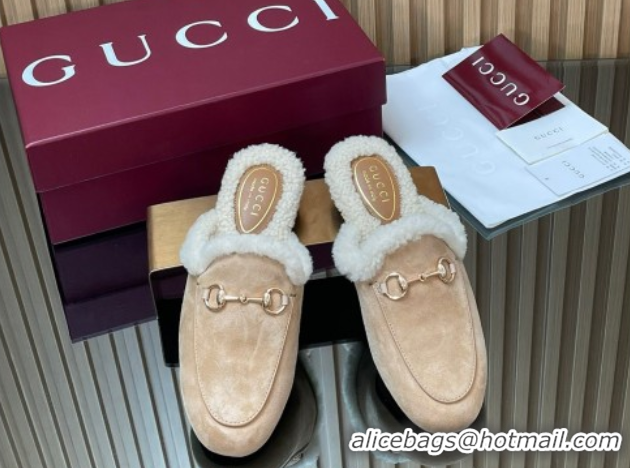 Low Price Gucci Princetown Suede and Wool Flat Slipper with Horsebit Nude 1020028