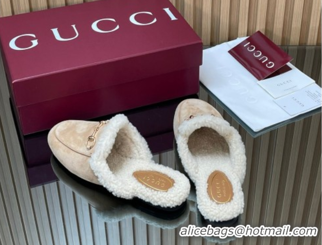 Low Price Gucci Princetown Suede and Wool Flat Slipper with Horsebit Nude 1020028