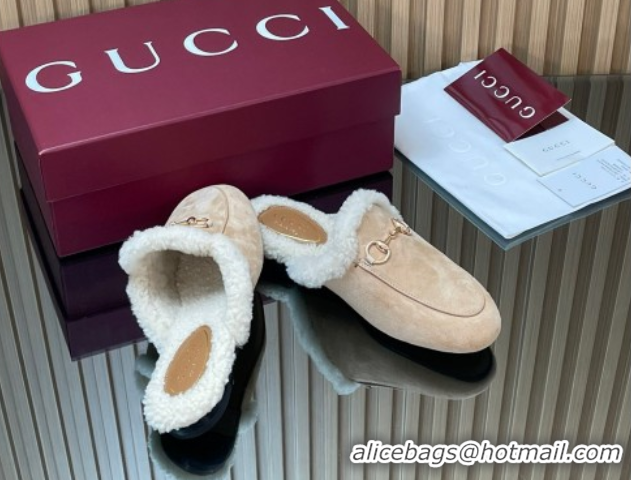 Low Price Gucci Princetown Suede and Wool Flat Slipper with Horsebit Nude 1020028