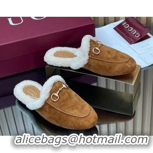 Best Product Gucci Princetown Suede and Wool Flat Slipper with Horsebit Brown 1020029