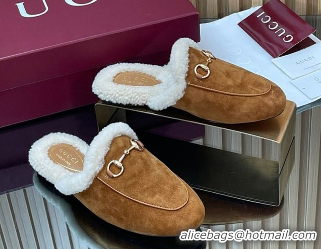 Best Product Gucci Princetown Suede and Wool Flat Slipper with Horsebit Brown 1020029