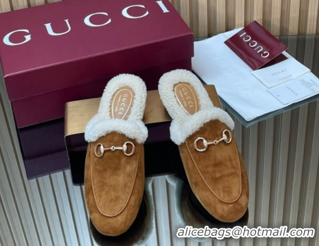 Best Product Gucci Princetown Suede and Wool Flat Slipper with Horsebit Brown 1020029