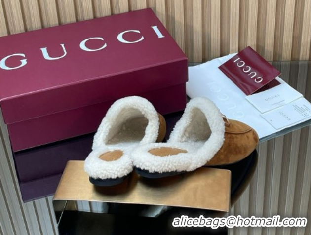 Best Product Gucci Princetown Suede and Wool Flat Slipper with Horsebit Brown 1020029