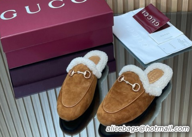Best Product Gucci Princetown Suede and Wool Flat Slipper with Horsebit Brown 1020029