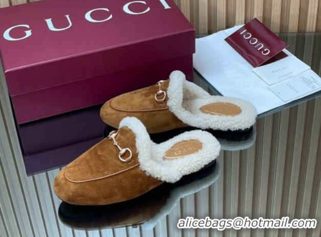 Best Product Gucci Princetown Suede and Wool Flat Slipper with Horsebit Brown 1020029