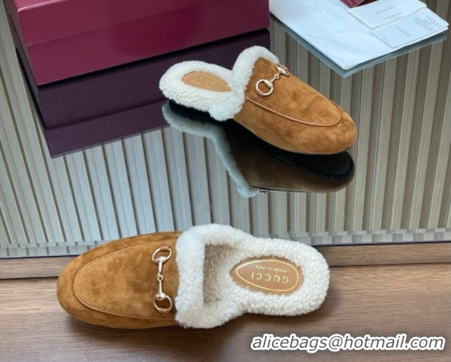 Best Product Gucci Princetown Suede and Wool Flat Slipper with Horsebit Brown 1020029
