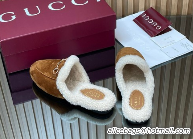 Best Product Gucci Princetown Suede and Wool Flat Slipper with Horsebit Brown 1020029
