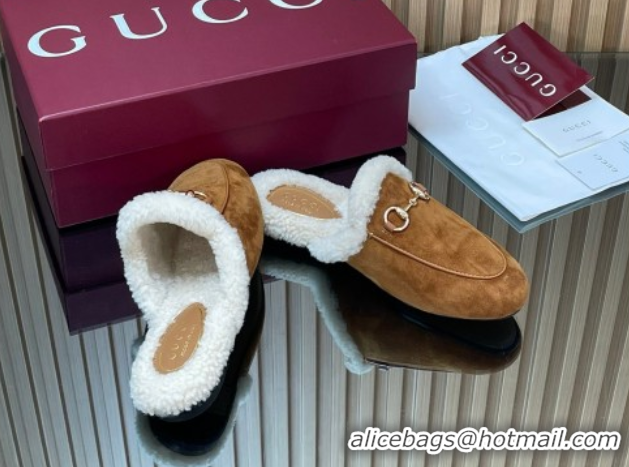 Best Product Gucci Princetown Suede and Wool Flat Slipper with Horsebit Brown 1020029