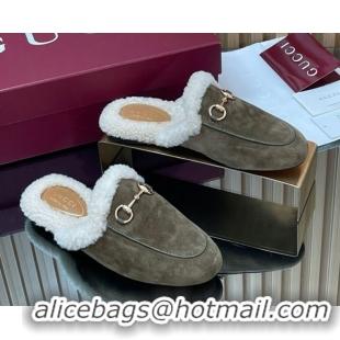 Luxury Gucci Princetown Suede and Wool Flat Slipper with Horsebit Dark Green 1020030
