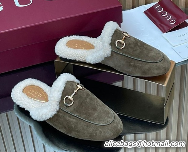 Luxury Gucci Princetown Suede and Wool Flat Slipper with Horsebit Dark Green 1020030