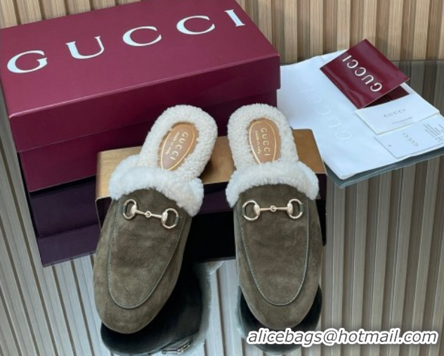 Luxury Gucci Princetown Suede and Wool Flat Slipper with Horsebit Dark Green 1020030